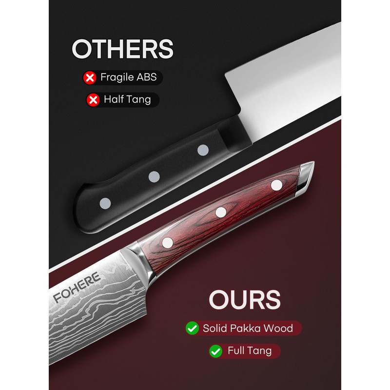 FOHERE Kitchen Knife Set with Ergonomic Red Pakkawood Handle, 5