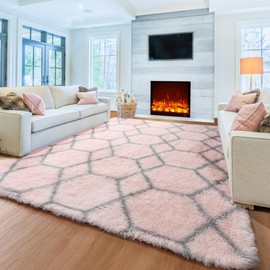 ONASAR Moroccan Area Rug 4x6 for Girls Bedroom, Fluffy Pink and Grey Trellis Rug, Shaggy Geometric Floor Rugs for Living Room Home Decor Aesthetic, Soft Plush Carpet for Nursery Teen Playroom Dorm