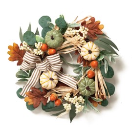 Valery Madelyn 45 cm Door Wreath Summer Autumn Decoration, Door Wreath Modern Indoor and Outdoor, Artificial Pumpkin, Bow Tie for Front Door Table, Autumn Garland for Fall Decor Thanksgiving