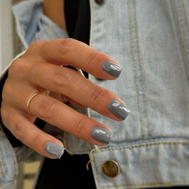 Grey Press on Nails Short Square, Natural Short Gel Nails Glue on Fall Colors 2024 Trendy Acrylic Nails Press ons Featured Protective Coat Reusable Fake Nails Short Coffin Nails 24Pcs