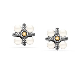 LeCalla 925 Sterling Silver Four Pearl Stud Earrings | Lightweight Two-Tone Cavier Italian Design Simulated Pearl Stud Earrings - 12mm