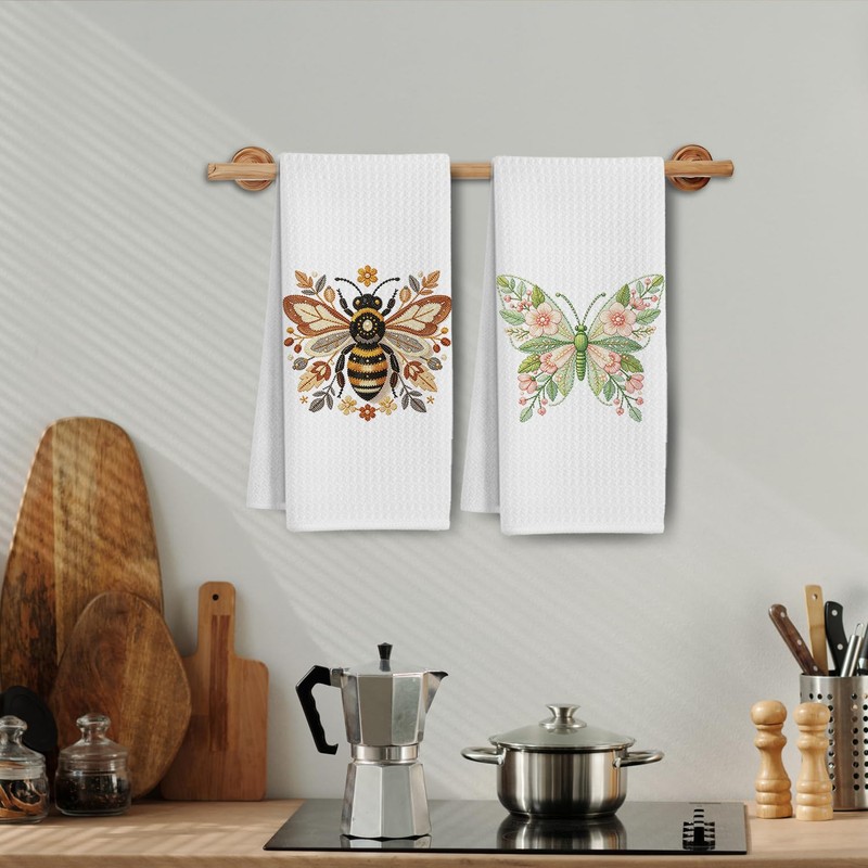 Floral Bee Butterfly Kitchen Towels 16x24 Inch Set of 2