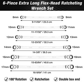 DURATECH Extra Long Flex-Head Ratcheting Wrench Set, Double Box End Wrench Set, 6-Piece, Metric 8-19 mm, CR-V Steel, with Pouch