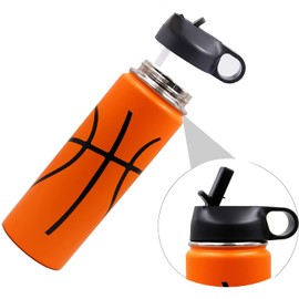 22 oz Basketball Water Bottle, Metal Thermo Bottle with 2 Lids 18/8 Stainless Steel Tumbler Double Wall Vacuum Insulated Flask for Gym, Travel, Sports (22oz, Basketball)