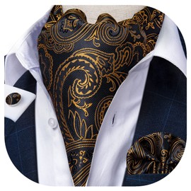 DiBanGu Black Gold Ascot Ties for Men Cravat Tie and Pocket Square Set Jacquard Silk Ascot Paisley Cravat for Men