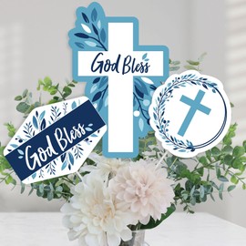 Blue Elegant Cross - Boy Religious Party Centerpiece Sticks - Table Toppers - Set of 15
