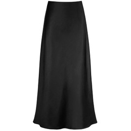 Outoshe Women's Satin High Waisted Maxi Skirts Hidden Elasticized Waistband A Line Long Skirt, Black, X-Large