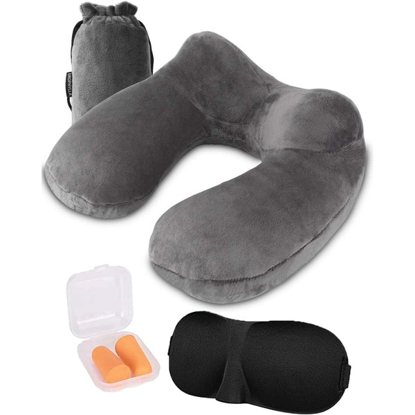 JEJA Travel Pillow, Airplane Travel Pillow, Inflatable Travel Pillow, with Mask and Earphones, Perfect for Car Plane Office and Home, Grey