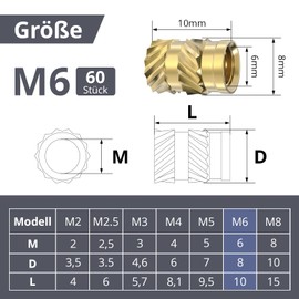ORTAVA Threaded Insert M6, Pack of 60 Press-in Nuts, Brass Embedding Nuts, Knurled Nuts, M6 x 10 x 8 mm, Threaded Inserts for Plastic Parts by Heat or Ultrasonic in 3D Printer Parts