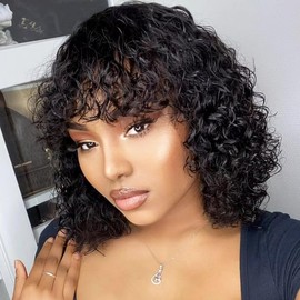 ZHENLISI Short Curly Bob Human Hair Wig with Bangs 100% Human Hair Glueless Wear and Go No Lace Wig Machine Made Water Wave Bob Wig for Black Women Natural Black Color 12 inch
