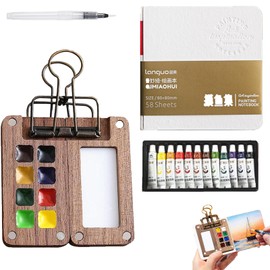 Mini Palette, Mini Watercolour Set, Watercolour Set Pocketartist Travel Set with Binder Clips for Painters, Artists, Students (1 Palette, 1 Drawing Book, 1 Fountain Pen, 1 Box of Colour)