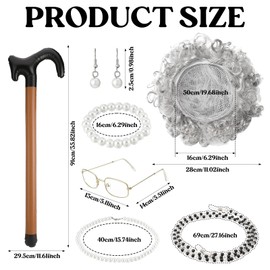 GSrenyu 7 Pcs Old Lady Fancy Dress, Old Lady Costume with Grey Granny Wig Pearl Necklace Earrings Bracelet Glasses Chain Glasses Inflatable Cane for World Book Day Masquerade Carnival