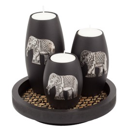 IYARA CRAFT Elephant Candle Holder Set – 3 Handmade Wood Tealight Holders with Tray, Rustic Black Home Décor, Cozy Holiday Centerpiece & Thoughtful for Women, Mom, Housewarming