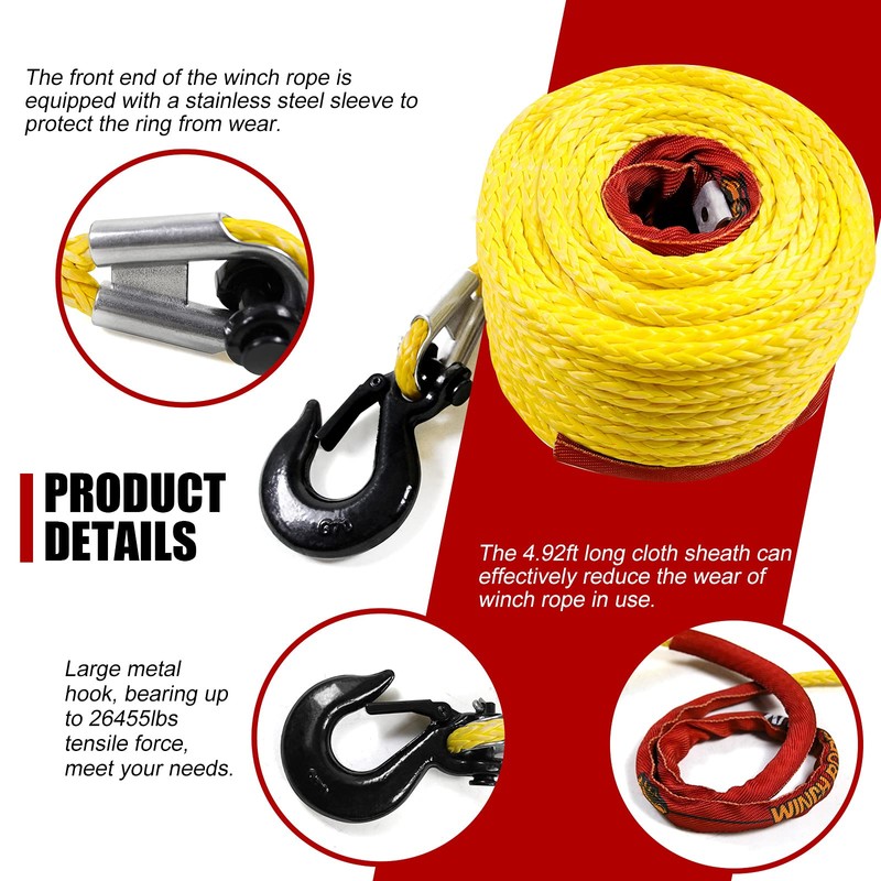 Synthetic Winch Rope 1/2" x 92'-25000 lbs Winch Line with