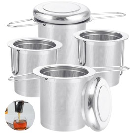 Oungy 4 PCS Tea Strainer with Lid 304 Stainless Steel Tea Infuser Basket for Loose Tea Extra Fine Mesh Tea Diffuser Long Handle Tea Strainers Filters for Hanging on Teapots Mugs Cups