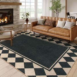 Moynesa Easy Jute Outdoor Rug 8x10 Area Rugs for Living Room, Washable Checkered Indoor Outdoor Patio Rug Non Slip, Farmhouse Carpet for Bedroom Dining Room Table, Black Grid Pattern