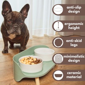 A4DOG Ceramic Dog Bowls with Stand - Elevated Dog Water and Food Bowl Set 13.5oz Cat & Dog Feeding Station Spill Proof Splash Proof Raised Pet Food Bowls for Dogs, No Mess Pet Feeder - Green