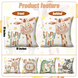 Cute Cartoon Animals Pillow Covers, Throw Pillow Covers 18x18, Pack of 4 Zipper Pillow Cases, Inspirational Giraffe Lion Zebra Crocodile Pillow Protectors, Couch Bed Playroom Nursery Decor Pillowcase