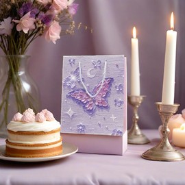 DWUENT Purple Oil Brush Stroke Butterfly Gift Bag with Tag - Gift Bags for Her, Birthdays, Mother's Day, Wedding, Valentine's Day - Stylish Celebration Present - Large Size 21x11x26cm