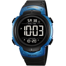 Men's Simple Outdoor Sports Digital Watch Easy to Read Big Dial Shockproof Luminous Swim Waterproof Rubber Band Alarm Stopwatch Chronograph Blue Watches (Black-Blue)