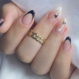 Heart Press on Nails Valentines Day Fake Nails NEWSPIED Black White French Tip Press on Nails Short Almond False Nails Glossy Solid Color Designs Full Cover Acrylic Nails for Women Manicure 24Pcs