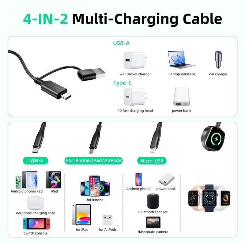 A-Pce 4-in-2 Multi Charging Cable with Smartwatch Charging, Black-4FT