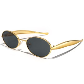Retro Oval Sunglasses for Women Men Vintage Trendy 90s Gold Metal Frame Sun Glasses UV400 Protection Black Shades