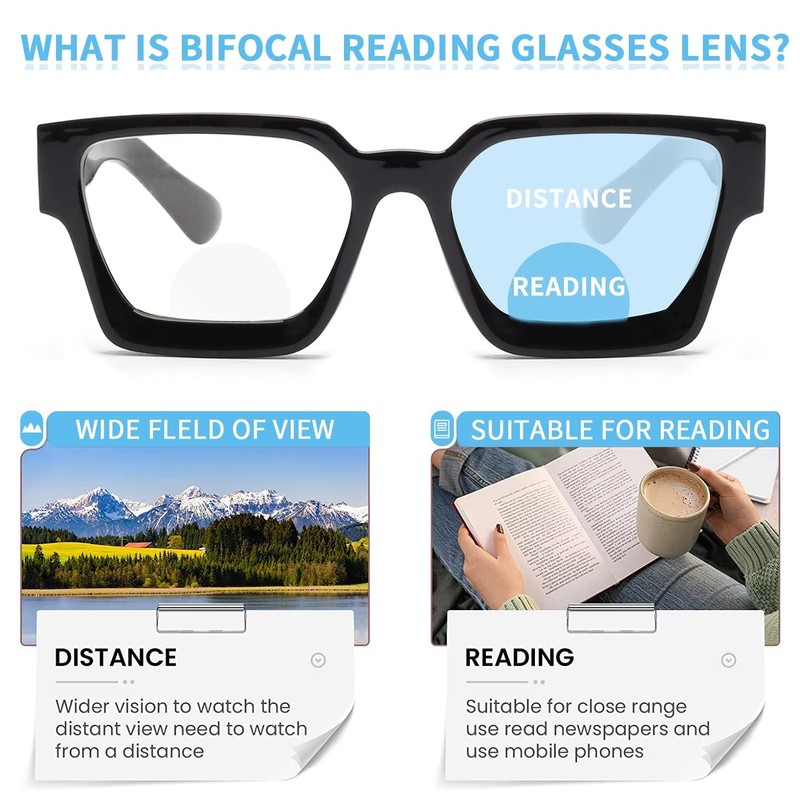 JM 2 Pack Square Bifocal Reading Glasses for Women, Blue