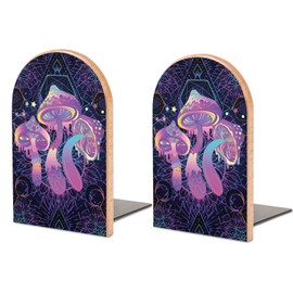 Hon-Lally Magic Mushrooms Psychedelic Art Pattern Wood Bookends Decorative Bookend Non-Skid Office Book Stand for Books Office Files Magazine