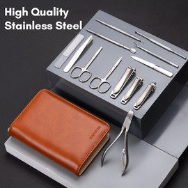 FAMILIFE Professional Manicure Set, Manicure Kit, Nail Clippers Set, Stainless Steel Orange Pedicure Tool, Nail Kit with Portable Leather Travel Case Luxury Gifts for Him