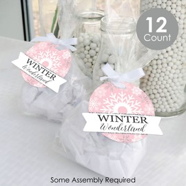 Big Dot of Happiness Pink Winter Wonderland - Holiday Snowflake Birthday Party and Baby Shower Clear Goodie Favor Bags - Treat Bags With Tags - Set of 12