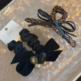 Fashion Hair Accessories Set, Black Velvet Bow Scrunchie with Pearl and Crystal, Leopard Print Hair Clip, 2 Pieces
