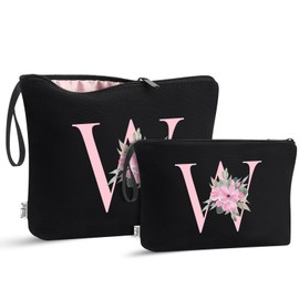 Vavabox 2 Pcs Initial Toiletry Bags Set,Birthday Gifts for Women,Travel Portable Toiletry Bag with Handle (W, Black)