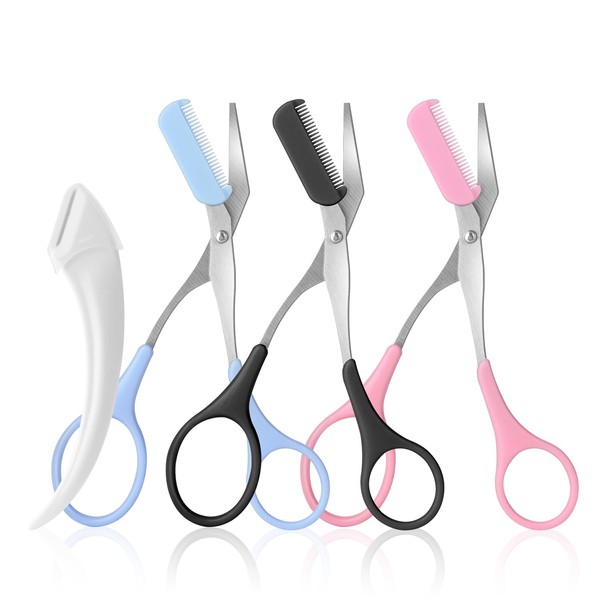 3pcs-Eyebrow Scissors with Eyebrow Razor,Professional Eyebrow Trimmer Scissors with Comb,Non Slip Finger Grips Eyebrow Trimmer, Hair Removal Beauty Accessories for Men Women (Black, Pink, Blue)