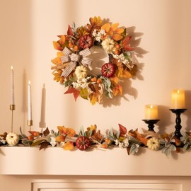 Valery Madelyn Fall Wreaths for Front Door Outside, 18'' Farmhouse Autumn Door Wreath with Lights Brown Pumpkins Bow, Outdoor Fall Decorations for Home Porch Thanksgiving Harvest Table Centerpiece