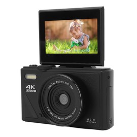 64MP Digital Camera, Camera Digital 4K, Foldable Screen, 4K Video, 18X Zoom, Rechargeable, with 3 Inch Flip Screen, Ideal with USB Connectivity for Beginners (Black)