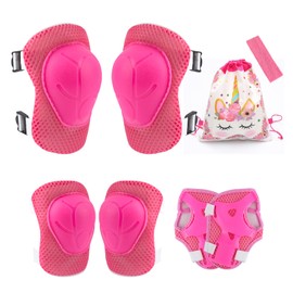 MUNSKT 8 Pcs Kids Pink Knee Pads Wrist Guards Elbow Protective Set, with Drawstring Storage Bag and Hair Band, 3-12 Years Old Girls Adjustable Comfortable Gear for Roller Skates Scooter Skating Riding