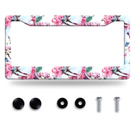 Watercolor Cherry Blossom License Plate Frame Pink Floral License Plate Holder Stainless Steel Accessories Beautiful License Plate Cars Decoration with 2 Holes and Screws for Women 12.3" x 6.3"