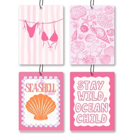 Preppy Pink Beach Car Air Freshener 4 Pcs - Trendy Coastal Tropical Bikini Seashell Ocean Hanging Air Freshener for Cars Closet Drawer Books, Cute Girly Car Accessories Mirror Decor for Women Girls