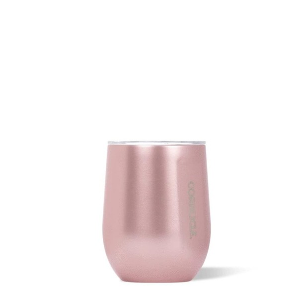 Corkcicle Luxe Collection 12 Oz Triple Insulated Stainless Steel Stemless Travel Cup with Lid & Silicone Bottom for Hot and Cold Drinks, Rose Metallic