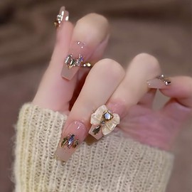 XUZOO Nail Tip, 3D Nail Tip, Cute, Popular, Simple, Bride Nail Tip, Wedding False Nail, Crystal, Pearl, Butterfly, Flower, 3D Nail Tip, Short, Long, Hand Nail Tip, Nail Sticker, Nail Tool, Double