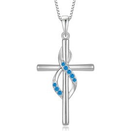 YIFSIY Cross Necklace for Women 925 Sterling Silver Infinity Crucifix Religious Christian Cross Pendant March Birthstone Aquamarine Jewelry Gifts