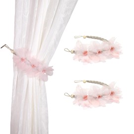 SUQ I OME Boho Curtain Tiebacks Set of 2, Handmade Flower Curtain Holdbacks, Farmhouse Curtain Holdbacks, Curtain Holder Tiebacks, Curtain Ties Backs with Hook (Pink)
