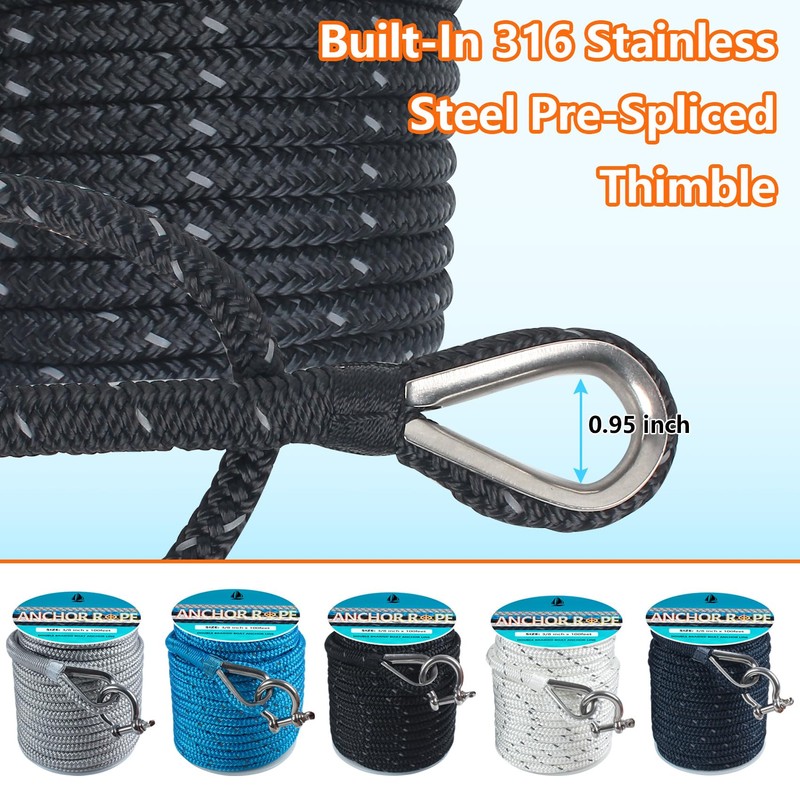 Anchor Rope 100 Ft 3/8 in, Double Braided Anchor Line