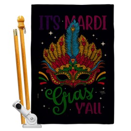 Mardi Gras Yall Outdoor Decor Burlap Banner Wall Art Flag Poles for Outside House Patio Porch Lawn Garden Stand Tapestry Yard Masquerade Party Spring Carnival Festival Holiday French Gift Made in USA