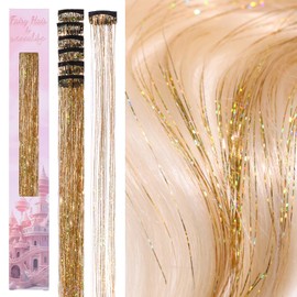 WENNALIFE Hair Tinsel Clip in Gold Tinsel Hair Extensions for Girls Glitter Hair Tinsel Clip Ins Hair Accessories Heat Resistant Fairy Sparkle Strands Christmas Birthday Gifts for Girls 6pcs 24 Inch