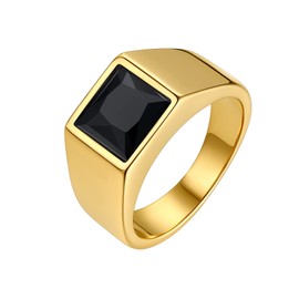 Bestyle Thick Men Gold Ring-8mm*8mm Black Onyx Gemstone Ring-Chunky Cool 18K Gold Plated Men Signet Ring Stacking Thick Band Ring- Retro Biker Every Day Casual Ring, Size 8