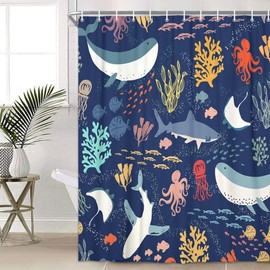 Lacoiime Shark Shower Curtain, Blue Azure Boho Ocean Fish Shower Curtain Abstract Underwater Animal Cartoon Bathroom Curtain with Colorful Fabric Shower Curtains for Kids Bathtub Decor (36X70IN)