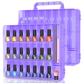 SUBAY 2 Pcs Portable Nail Polish Organizer, Clear Double Side Nail Polish Holder,Gel Nail Storage for 48 Bottles with 6 Adjustable Dividers in Each Side Space Saver Purple