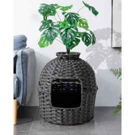 SETVSON Cat Litter Box Plant Furniture Enclosure, Hidden Handwoven Rattan with Cat Litter Box and Artificial Plants, Odor Control Filter, Real Stones in Living Room, Bedroom, Corner (Black)